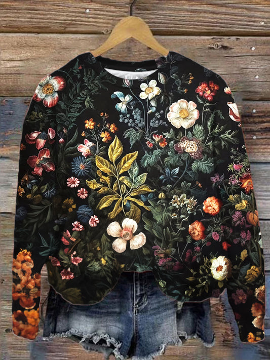 Vintage Floral Botanical Print Round Neck Long Sleeve Top