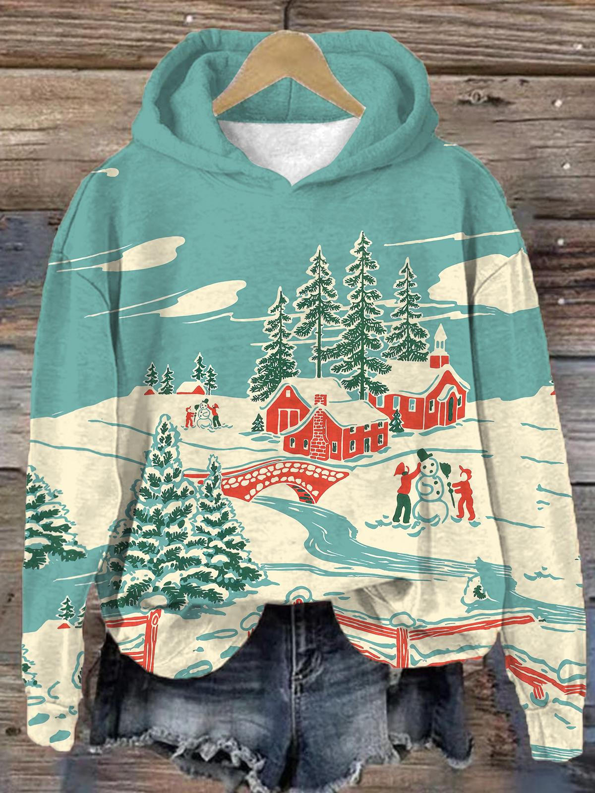 Vintage Winter Print Long Sleeve Hoodie