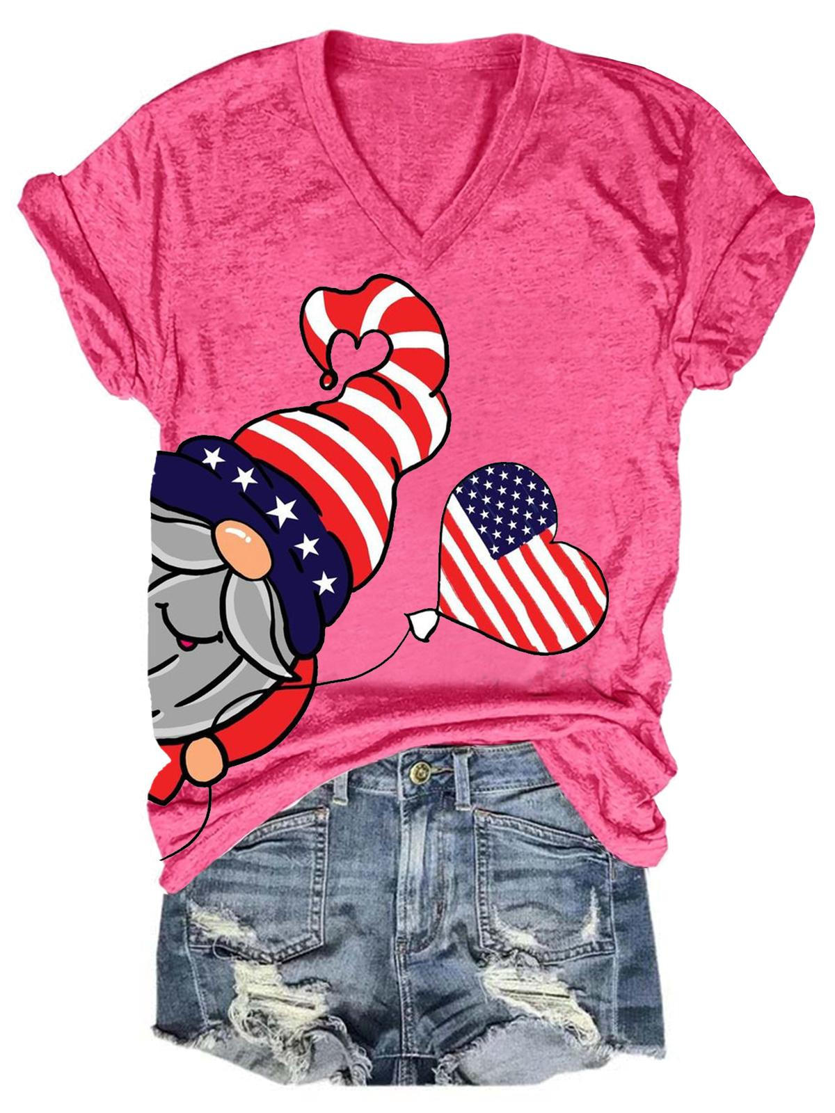 Women's V Neck Funny Gnome American Flag Print T-Shirt