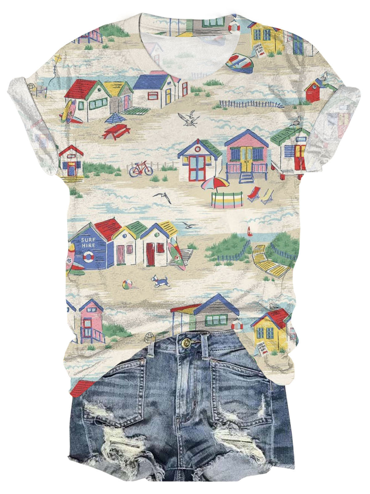 Vintage Seaside Village Print Short Sleeve Crew Neck T-Shirt