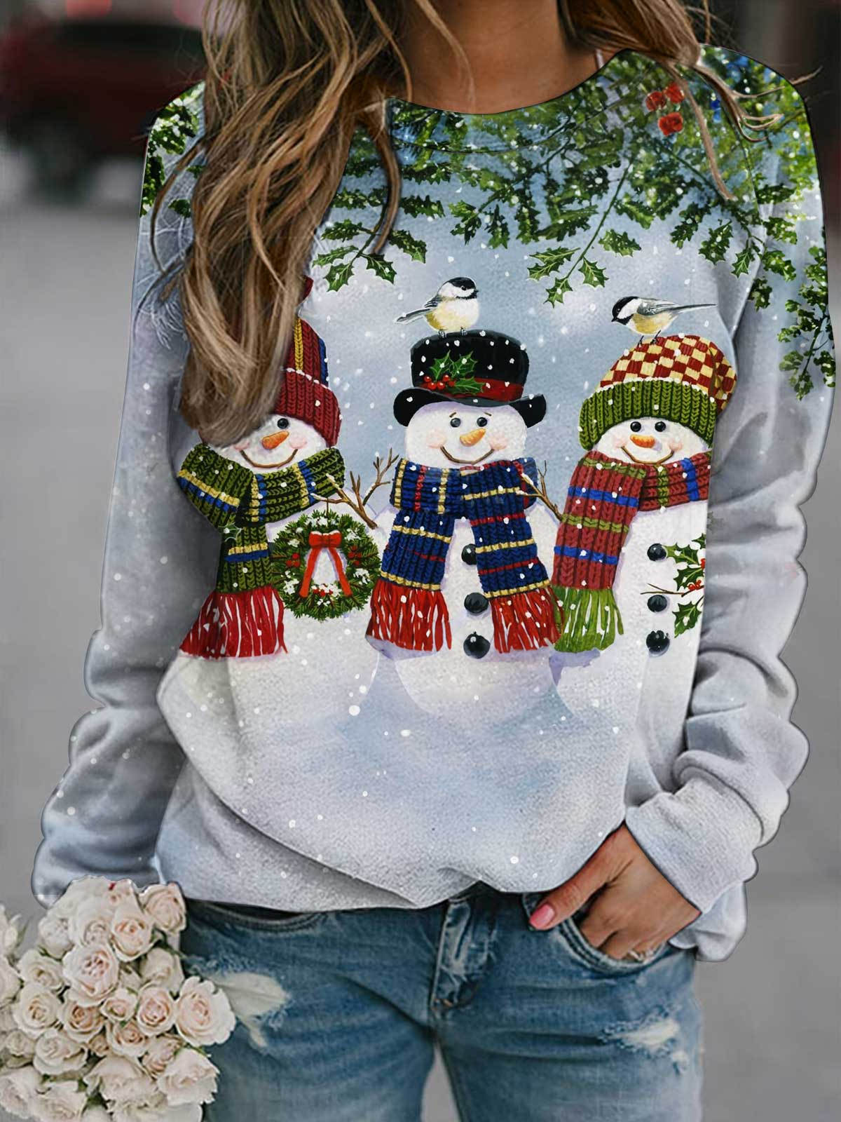 Women's Winter Snowman Bird Print Long Sleeve Top