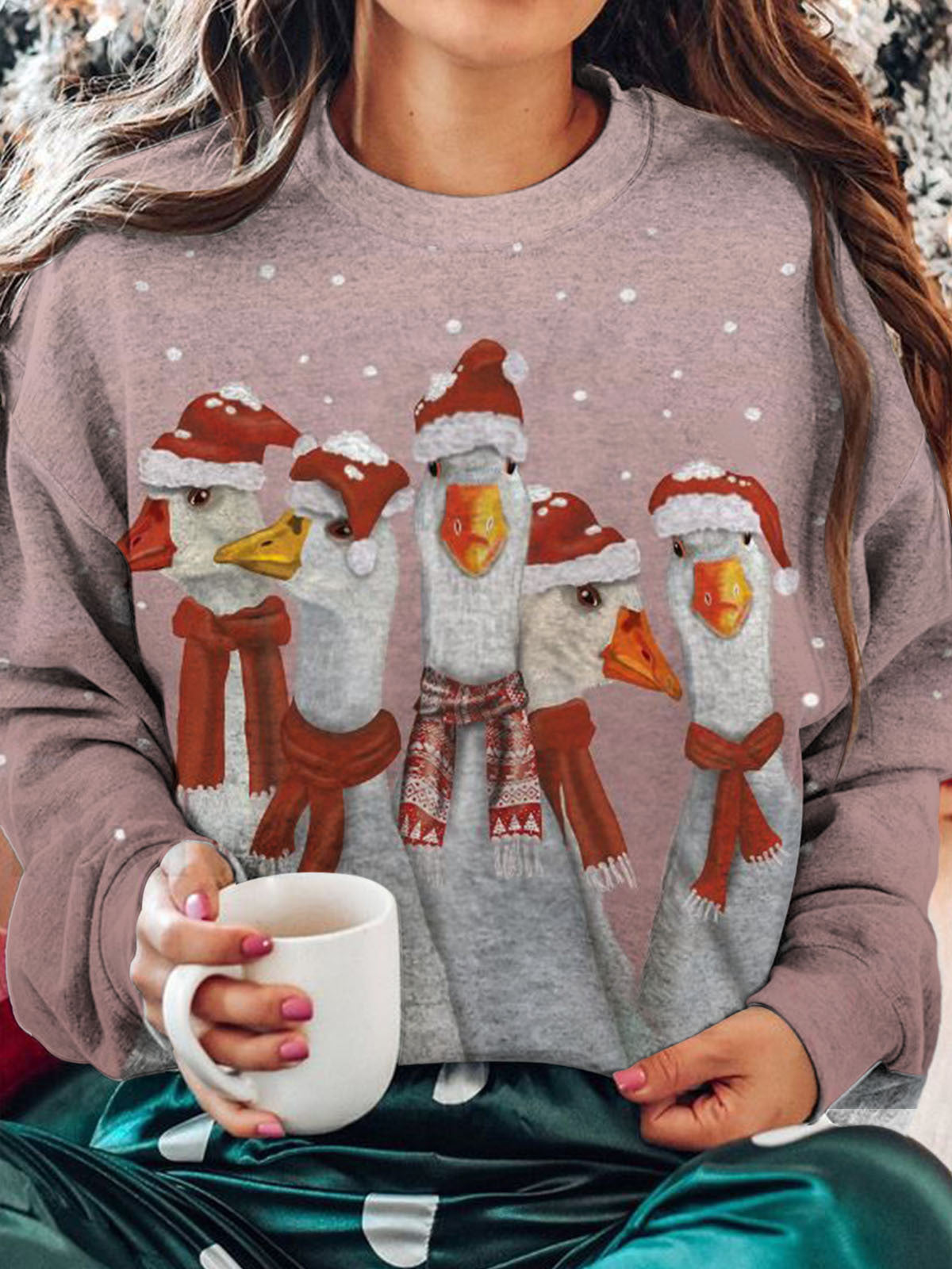 Christmas Gaggle of Geese Print Round Neck Long Sleeve Top