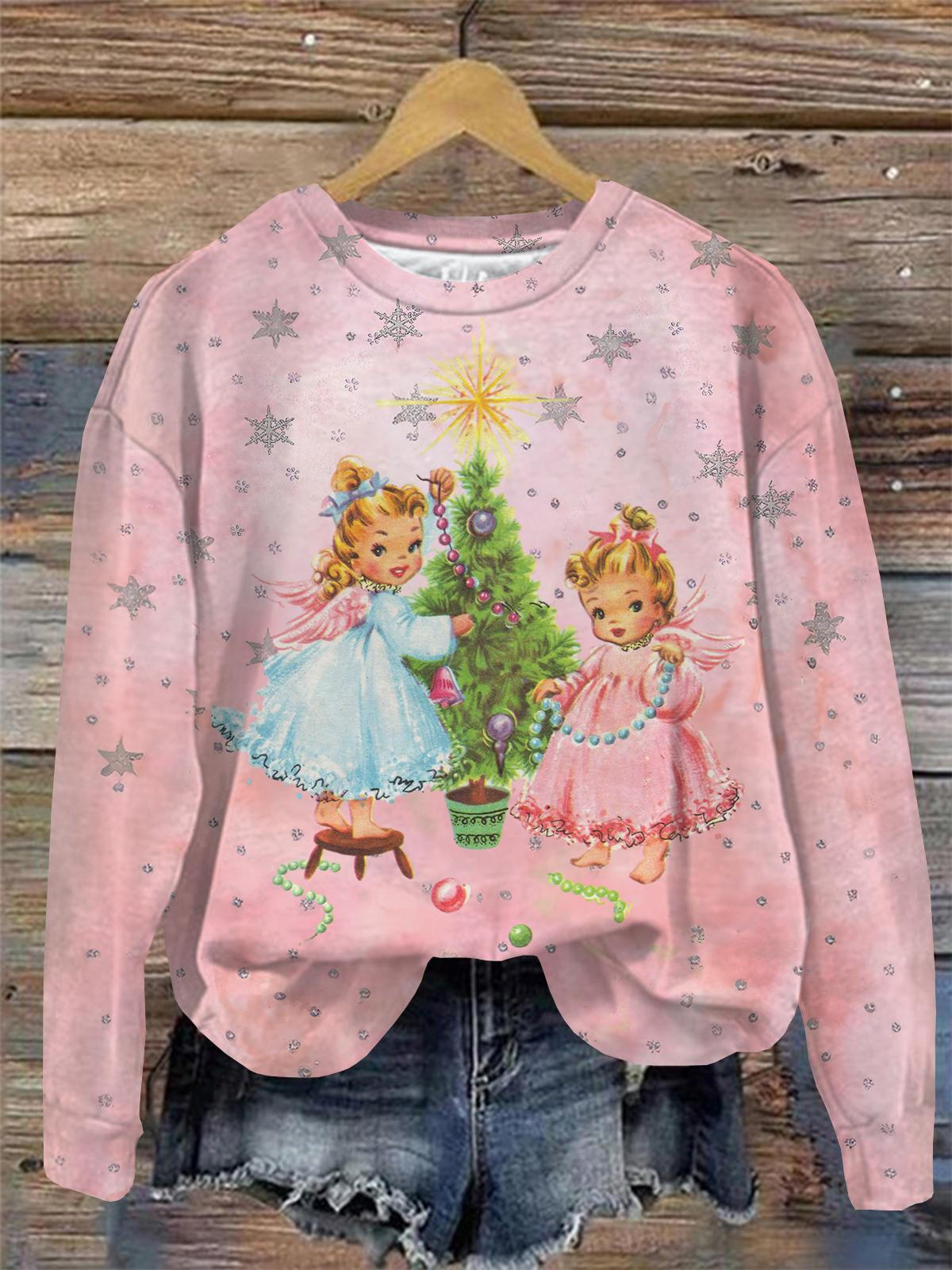 Angel Sisters Christmas Print Round Neck Long Sleeve Top