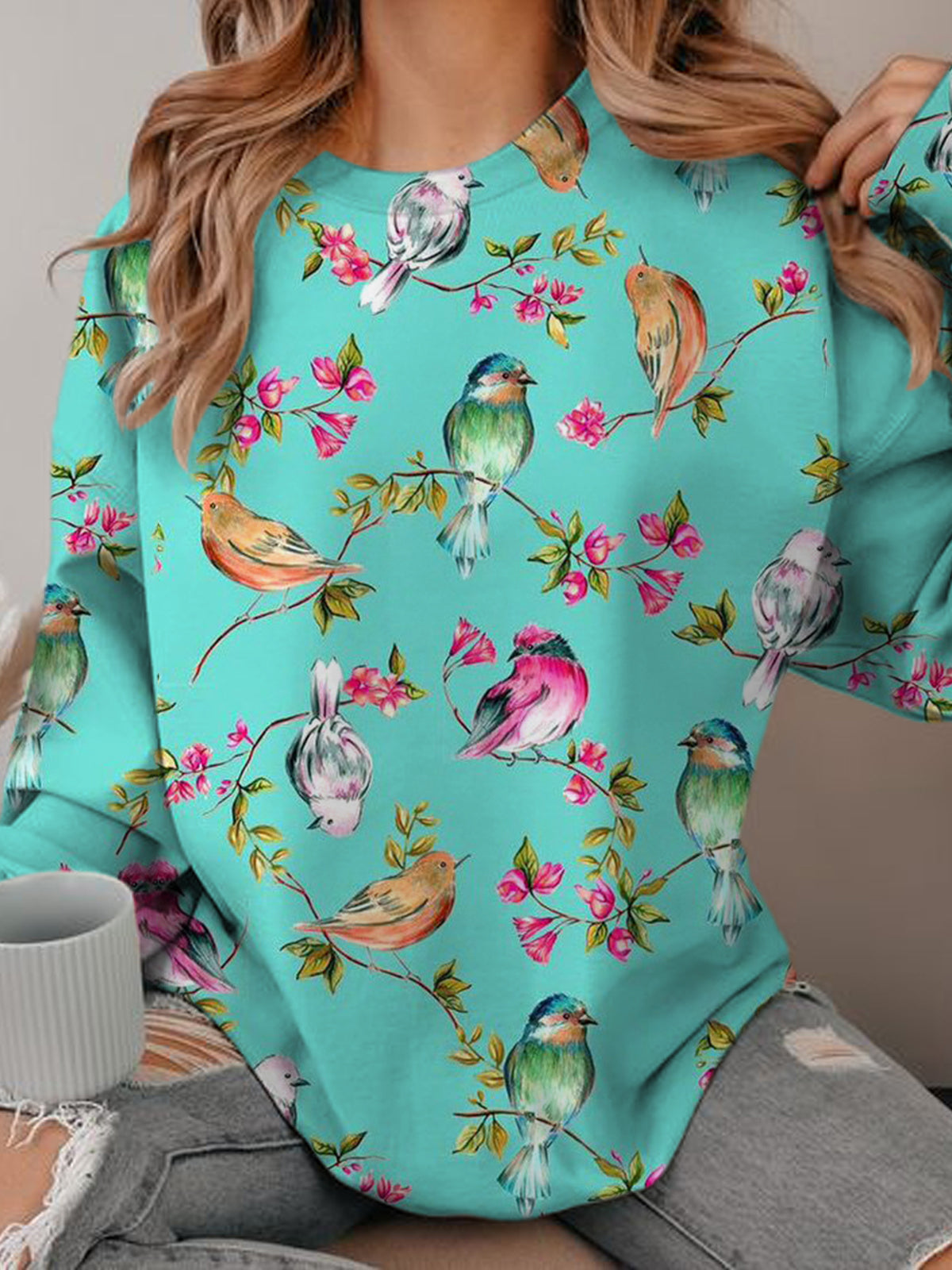 Bird Flower Women's Round Neck Long Sleeve Top