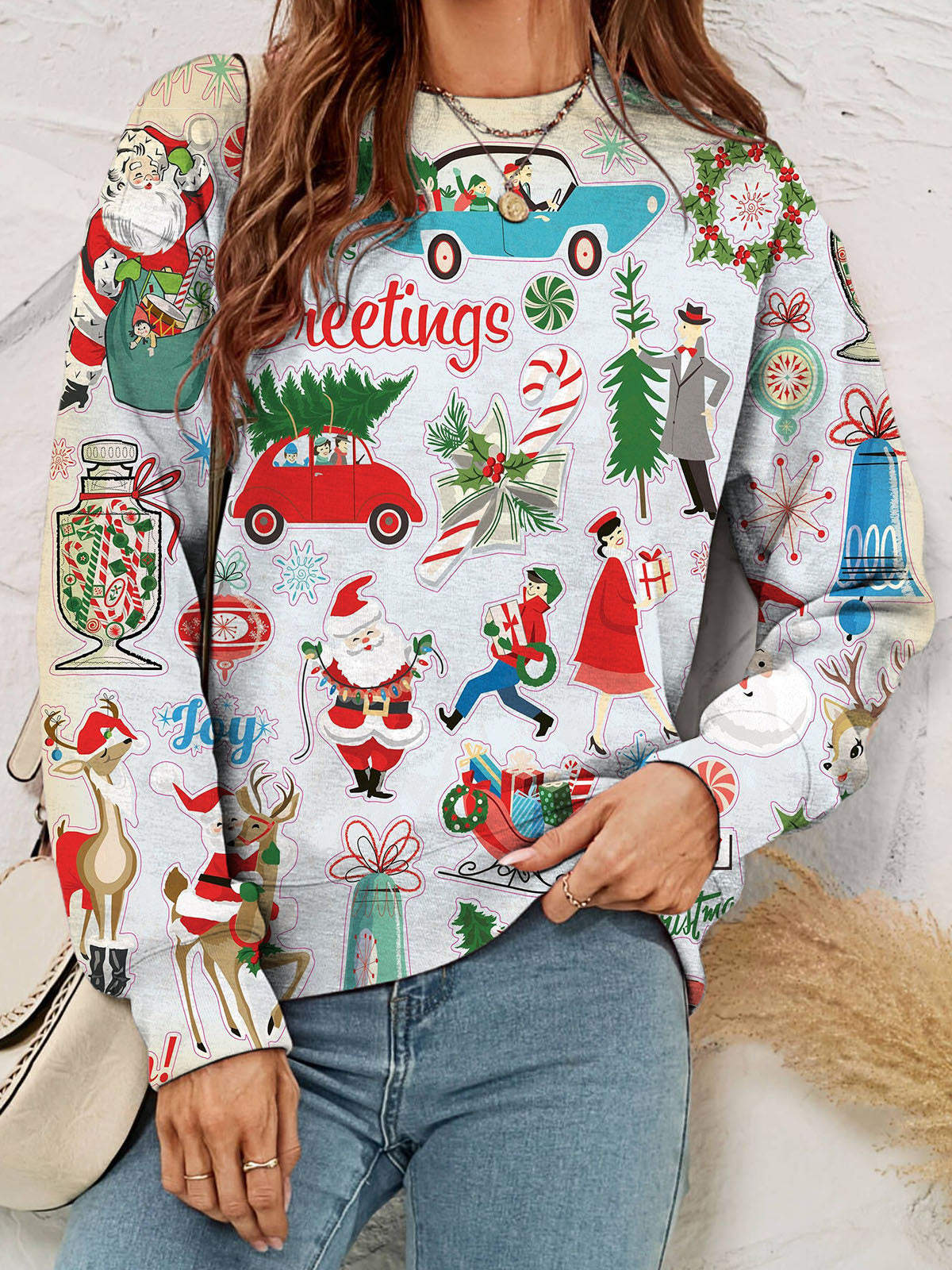 Women's Christmas Clipart Print Crew Neck Long Sleeve Top