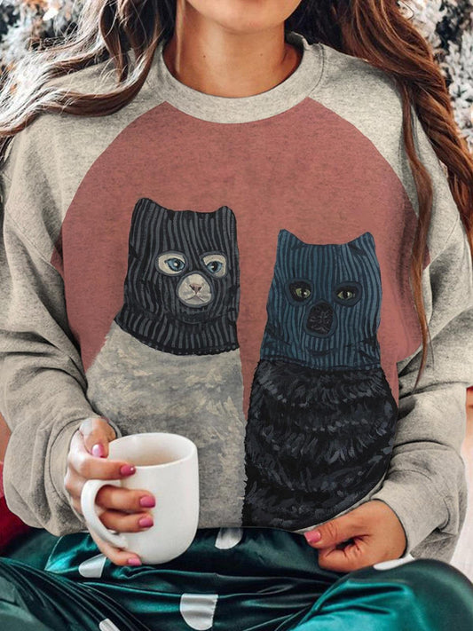 Cat With Mask Print Round Neck Long Sleeve Top