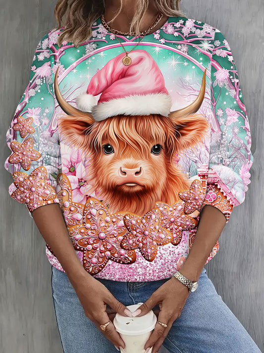 Women's Pink Highland Cow Christmas Print Top