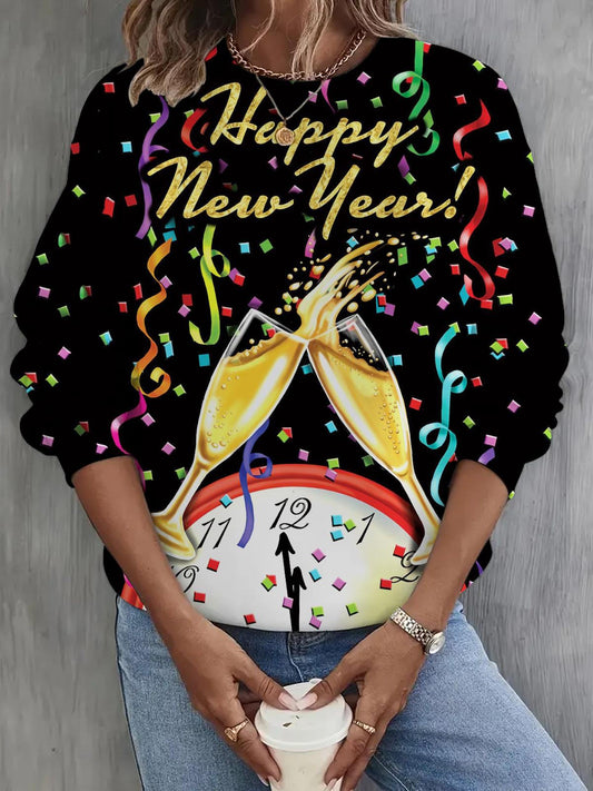 New Year Print Long Sleeve Casual Top