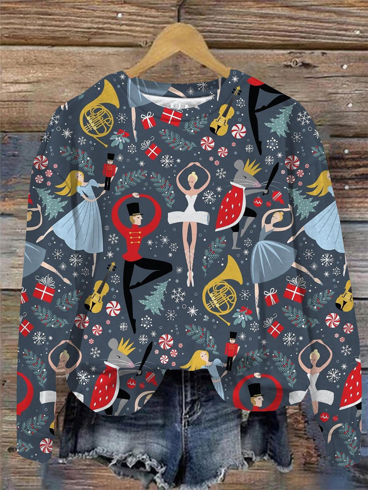 Women's Nutcracker Ballet Print Round Neck Long Sleeve Top