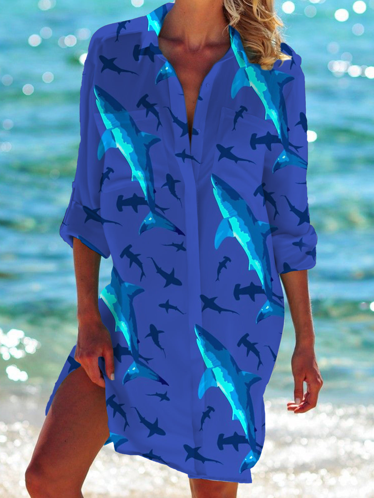 Shark Long Sleeve Beach Shirt Dress – Briteneye