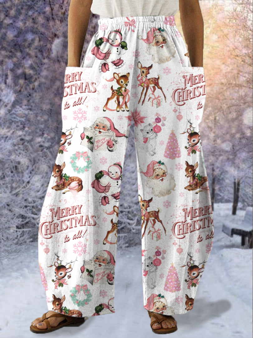 Vintage Pink Christmas Print Casual Pants