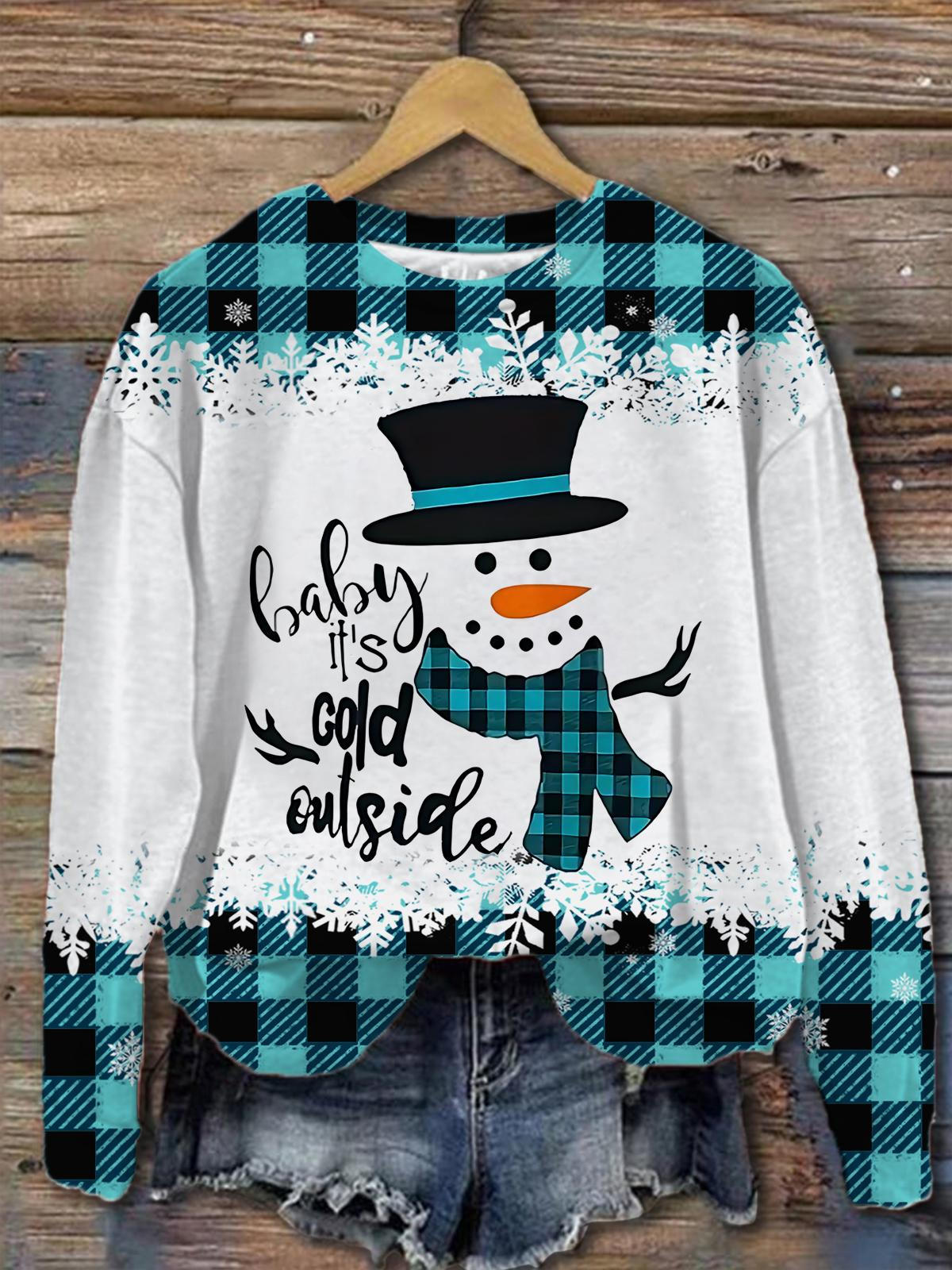 Women's Plaid Snowman Print Round Neck Long Sleeve Top