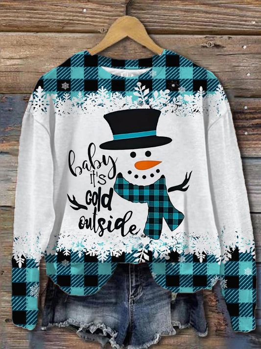 Women's Plaid Snowman Print Round Neck Long Sleeve Top