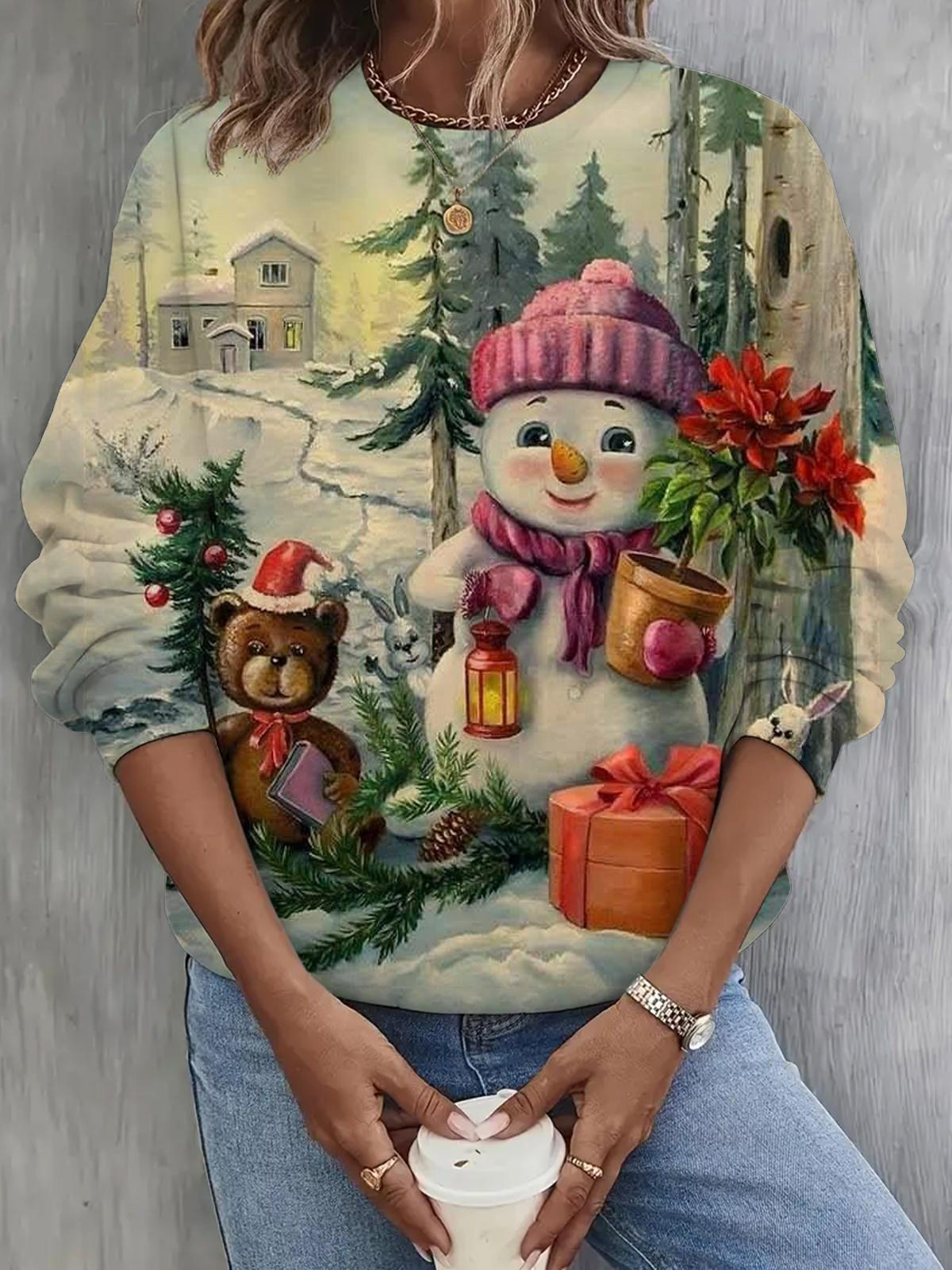 Vintage Snowman Print Long Sleeve Casual Top