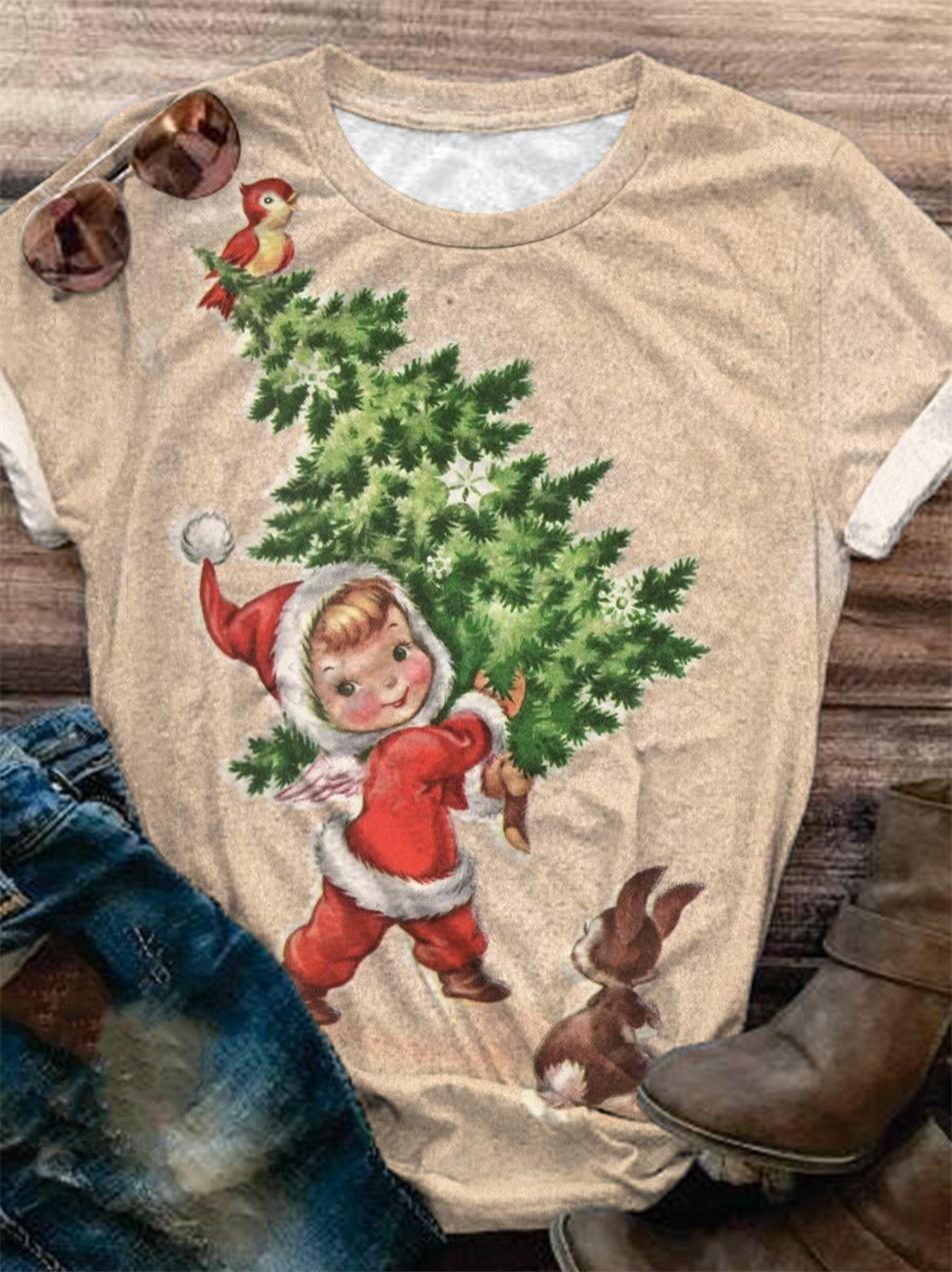 Christmas Tree Girl Print Crew Neck T-Shirt