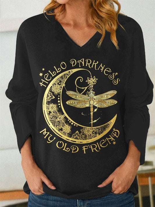 Hello Dark My Old Friend Long Sleeve V Neck Top