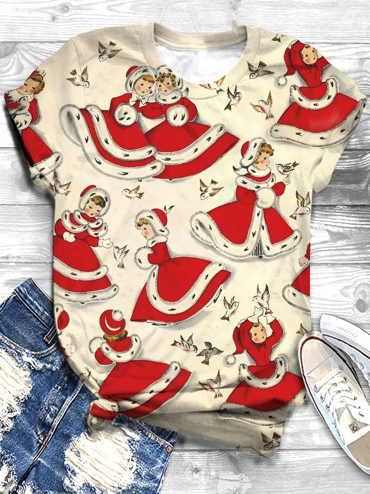 Christmas Girl Print Crew Neck T-shirt