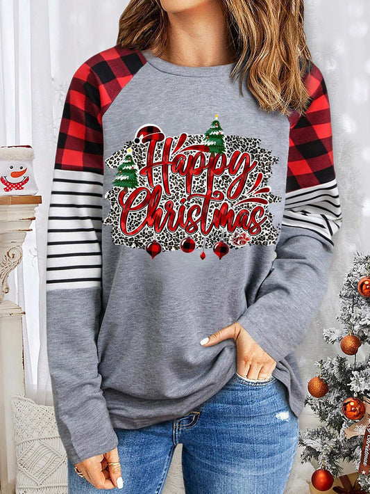 Christmas Striped Plaid Letter Round Neck Top