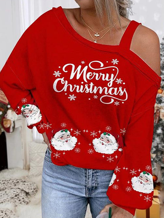 Santa Claus Merry Christmas Printed Off Shoulder Top