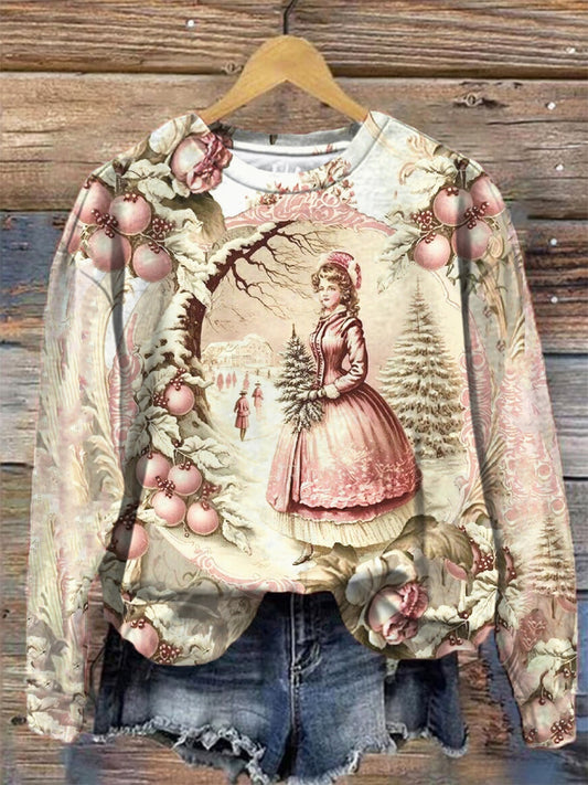 Women's Pink Victorian Christmas Crew Neck Long Sleeve Top