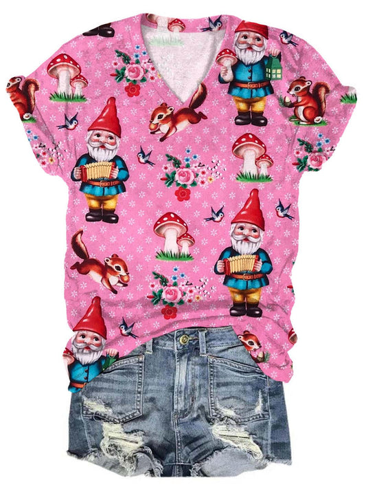 Vintage Pink Gnomes Print T-Shirt