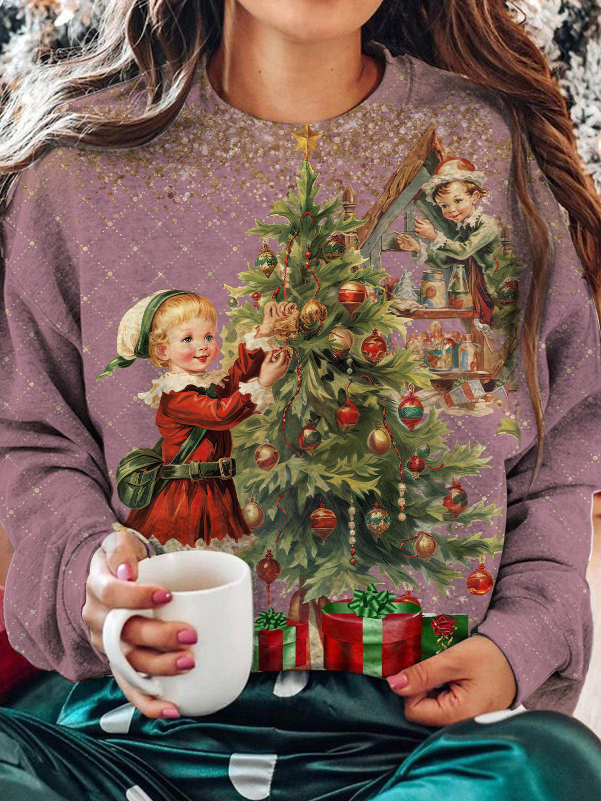 Women's Christmas Printed Round Neck Long Sleeve Top