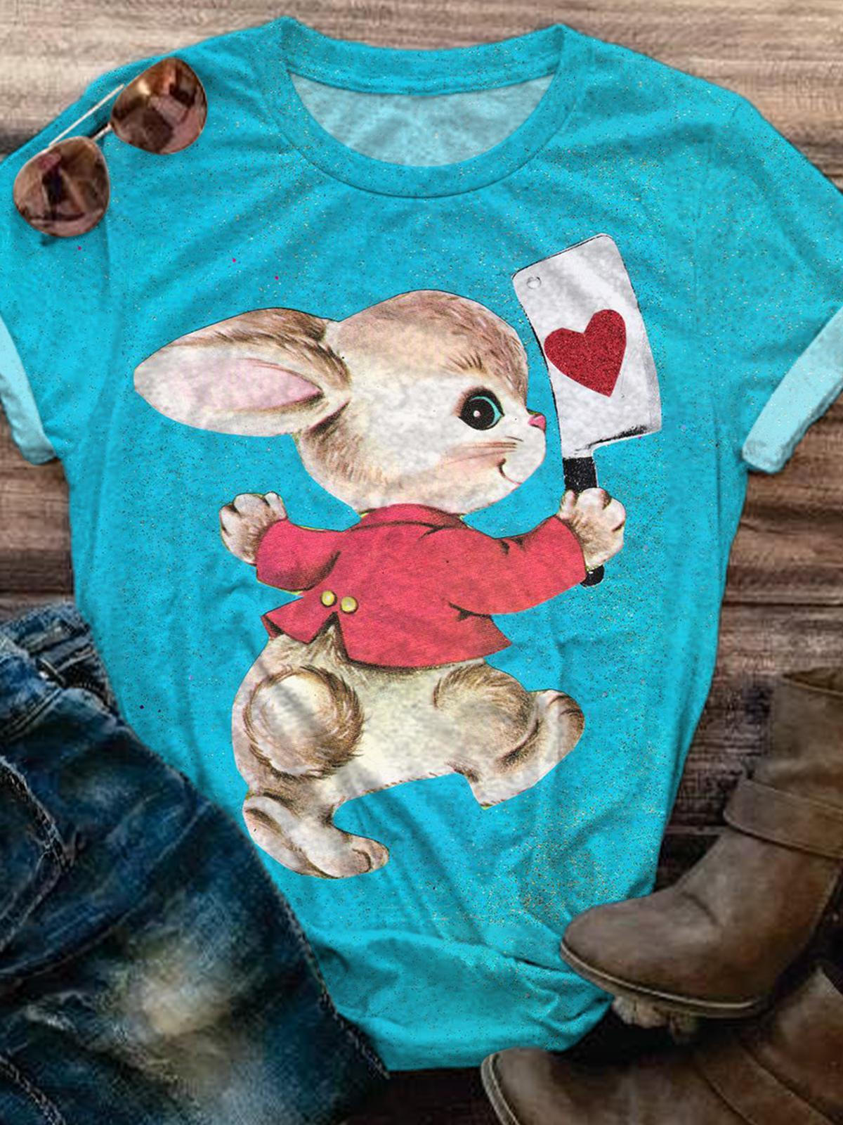 Vintage Heart Knife Rabbit Crew Neck T-shirt