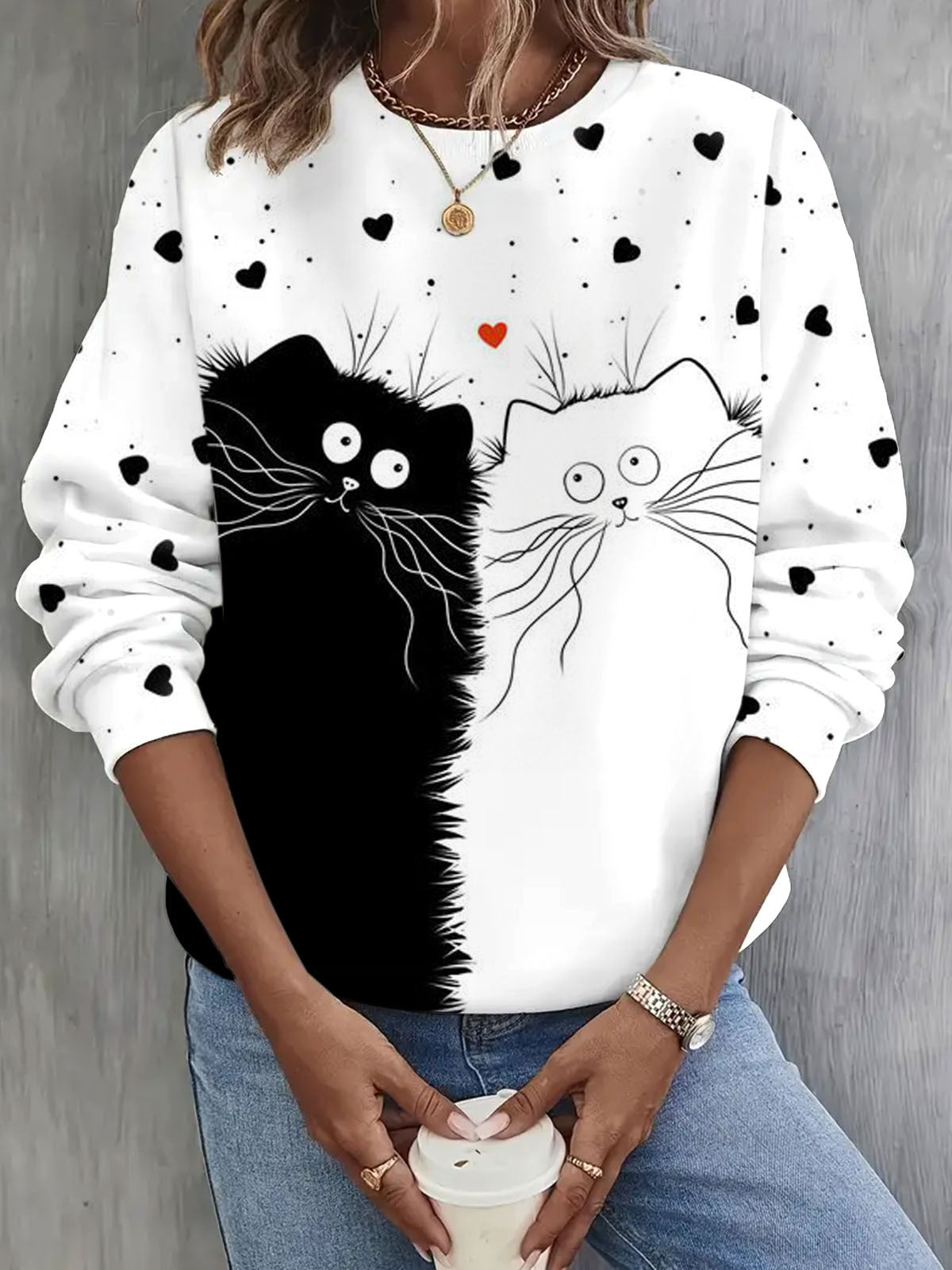 Cute Black And White Cat Print Long Sleeve Casual Top