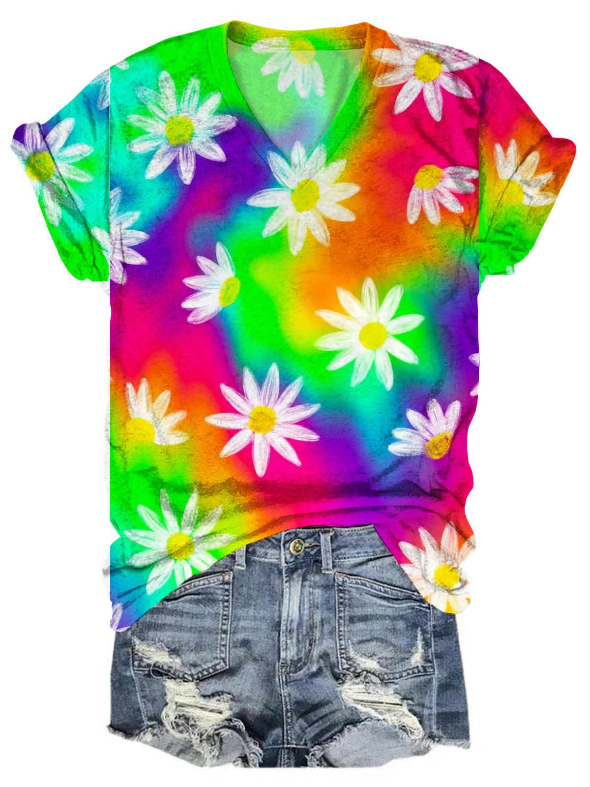 Rainbow Daisy Tie Dye Tie Dye V Neck T-Shirt