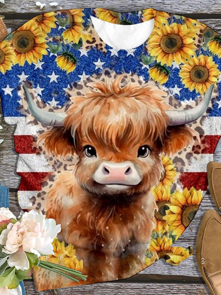 Sunflower USA Highland Cow Print Casual T-shirt