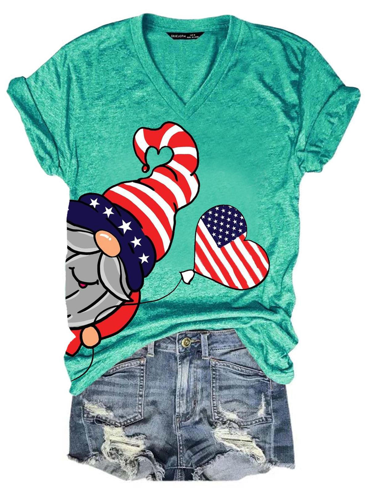 Women's V Neck Funny Gnome American Flag Print T-Shirt