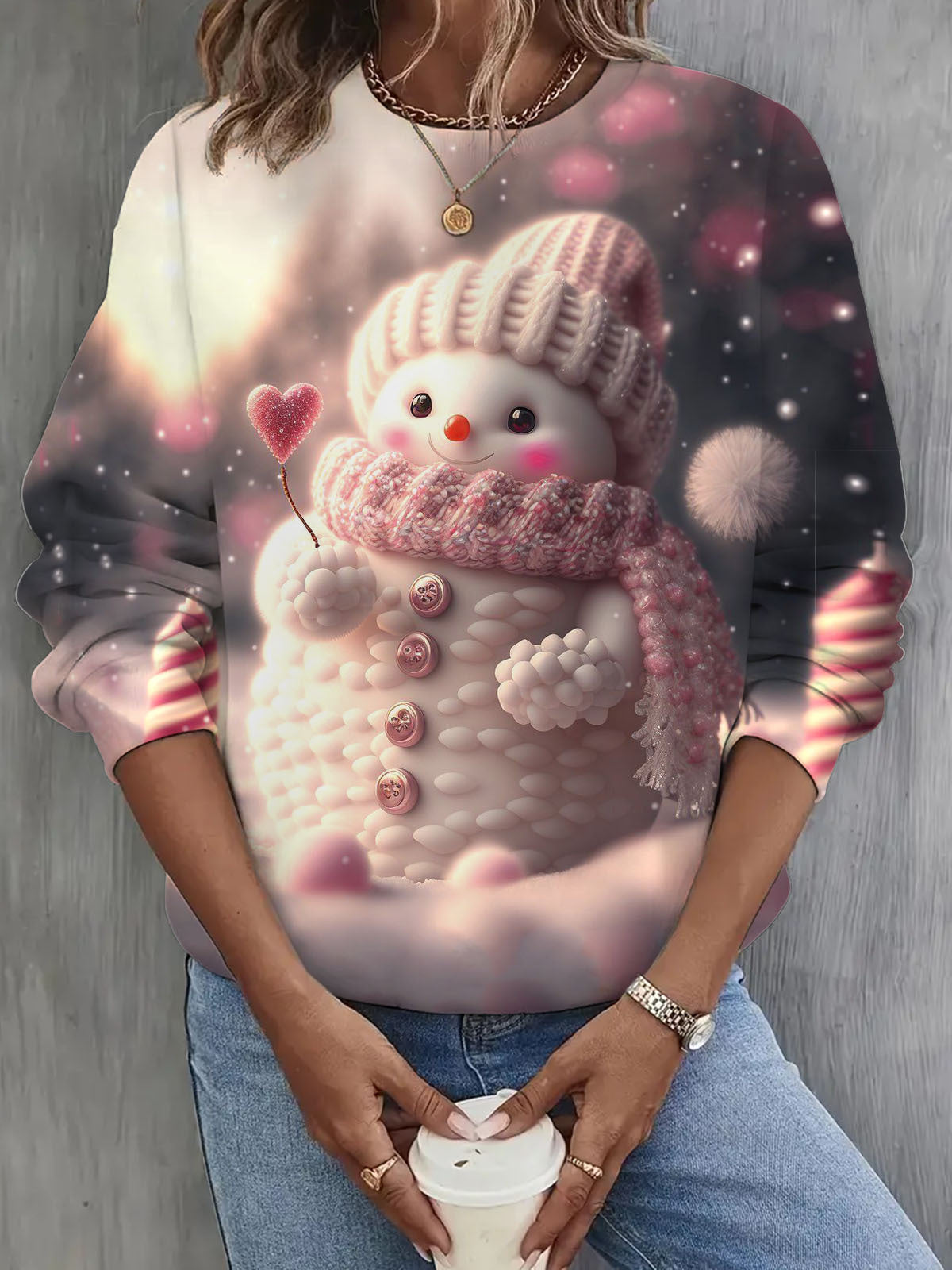 Pink Cute Snowman Print Long Sleeve Casual Top