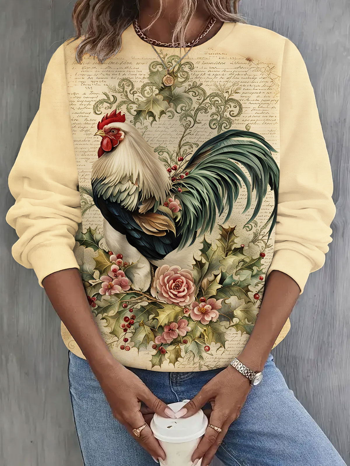 Women's Retro Rooster Print Long Sleeve Top
