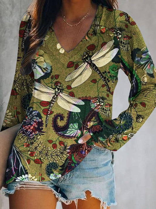 Vintage Dragonfly Print V-Neck Top