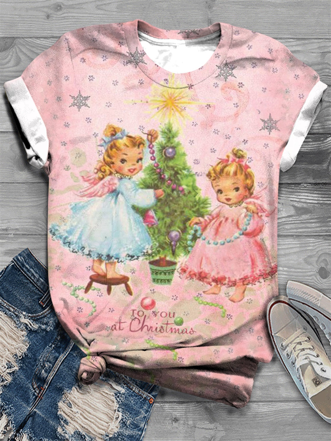 Christmas Angel Retro Pink Christmas Round Neck T-Shirt