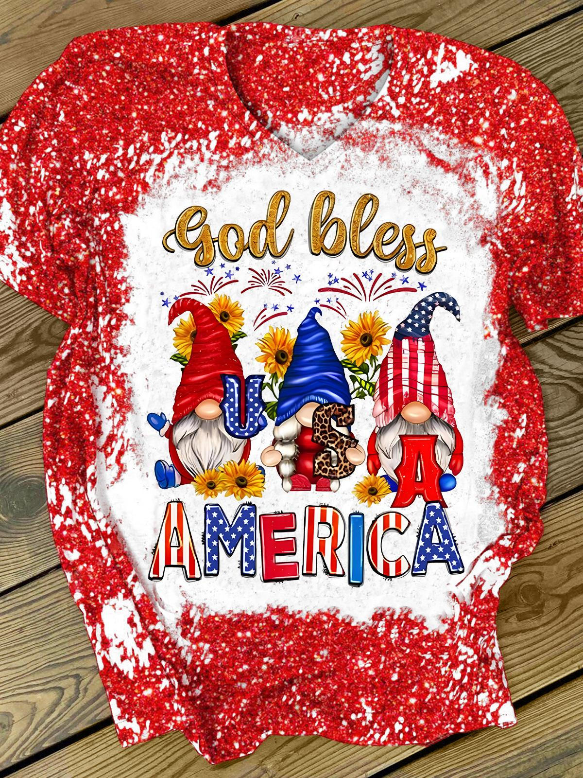 God Bless America Gnome Glitter Print V-Neck Short Sleeve T-Shirt