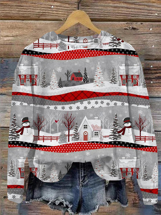 Women's Snow Scene Print Round Neck Long Sleeve Top