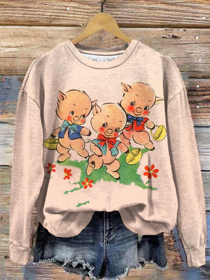 Three Little Pigs Print Round Neck Long Sleeve Top