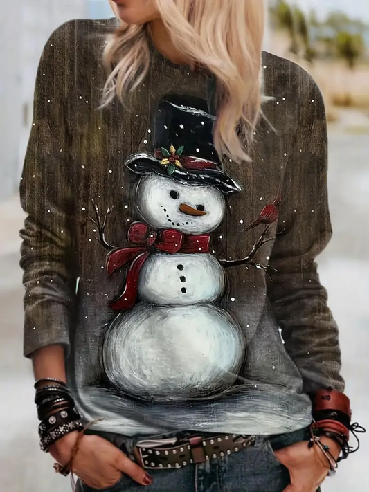 Women's Retro Snowman Crew Neck Long Sleeve Top