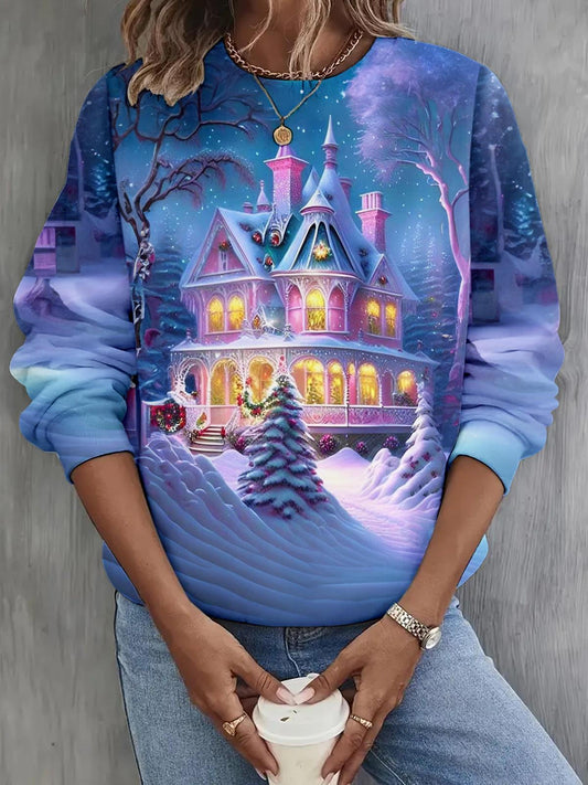 Christmas Tree Pink House Long Sleeve Casual Top