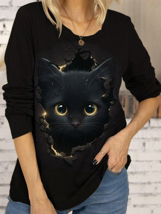 Women's Black Cat Print Long Sleeve Top