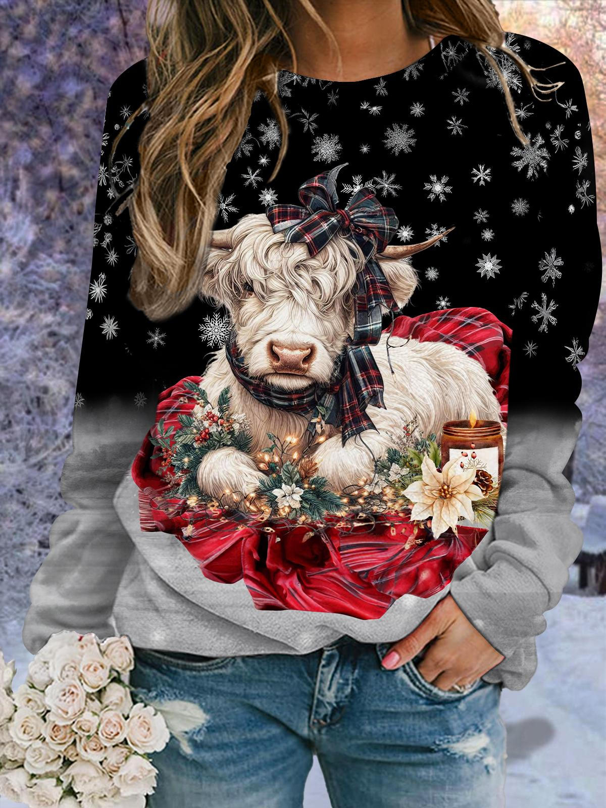 Snow Plaid Highland Cow Long Sleeve Casual Top