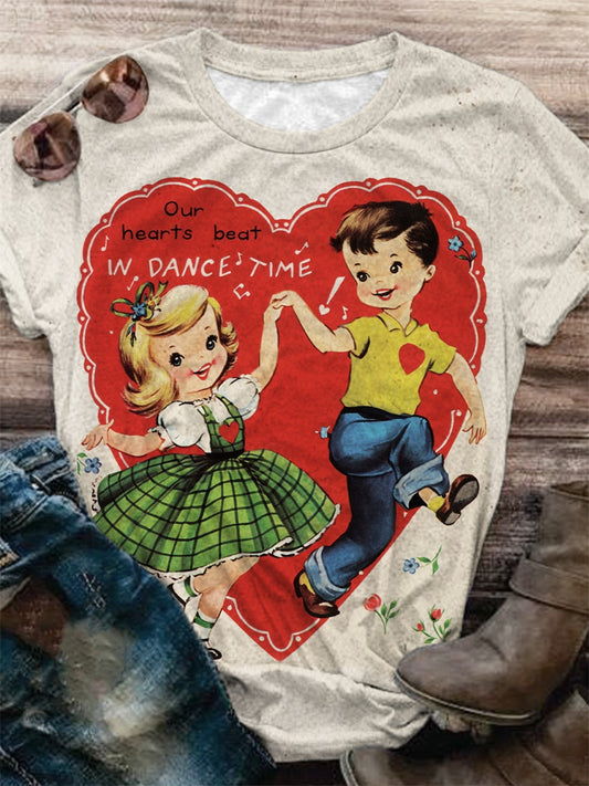 Vintage Cute Dancing Girl and Boy Crew Neck T-Shirt