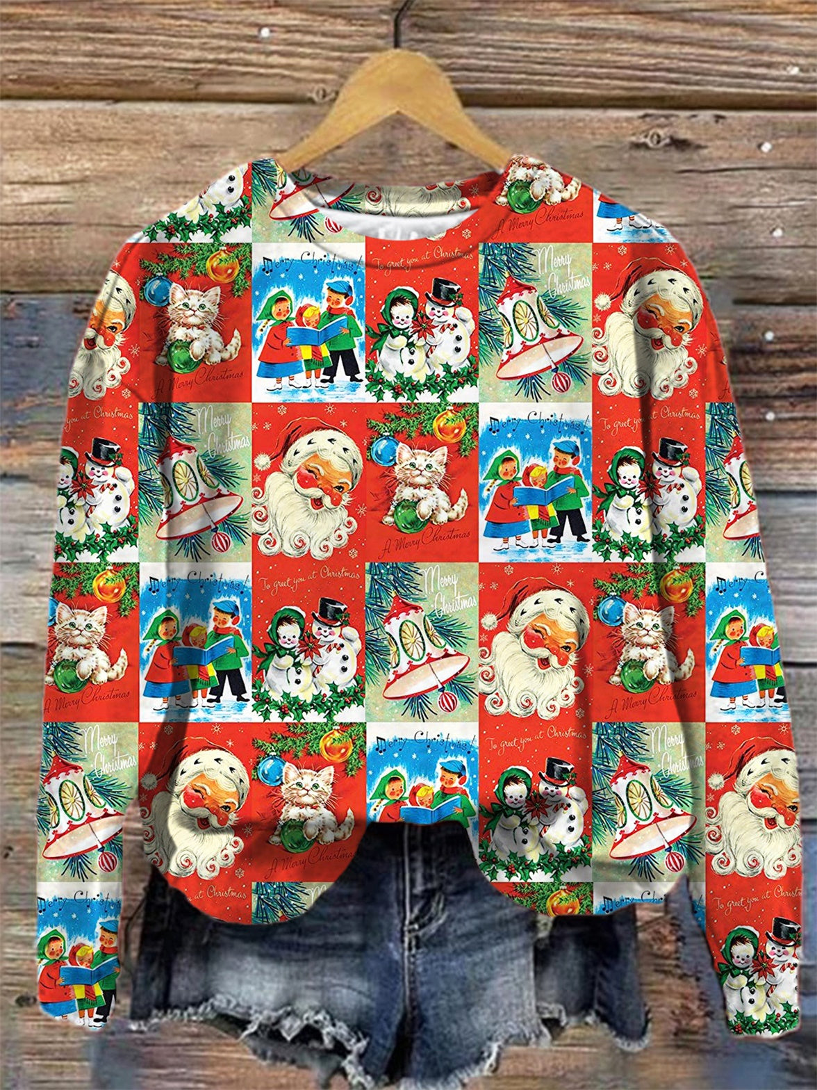 Women's Retro Christmas Pattern Crew Neck Long Sleeve Top