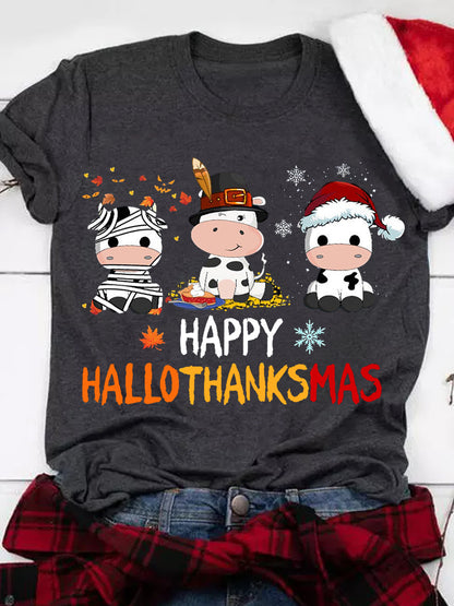 Cute Cow Hallothanksmas Print T-shirt