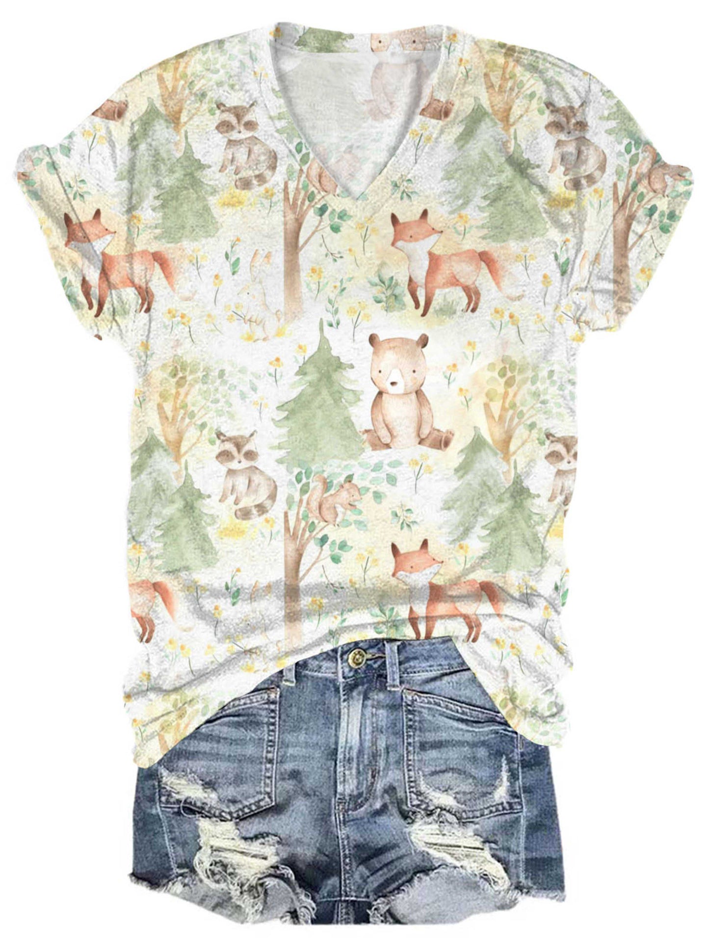 Woodland Animals Print V-Neck T-Shirt