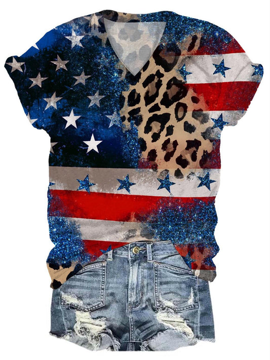 Star Flag Leopard Panel Print V-Neck T-Shirt