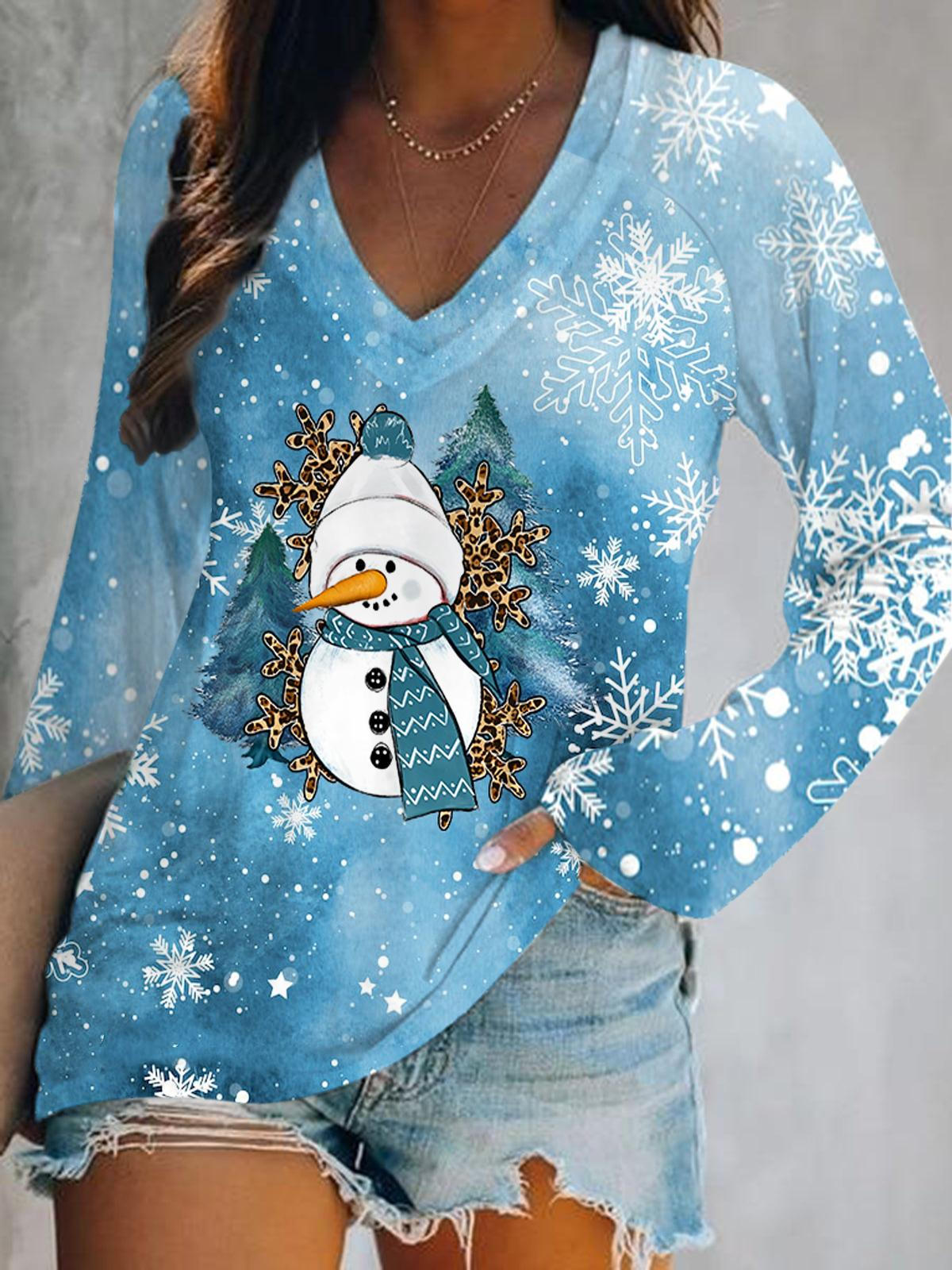 Snowman Tree Print V-Neck Long Sleeve Top