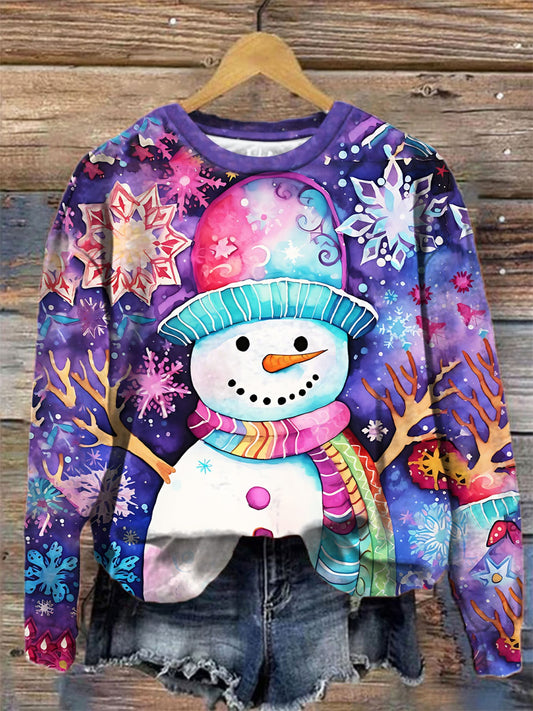 Colorful Christmas Snowman Round Neck Long Sleeve Top