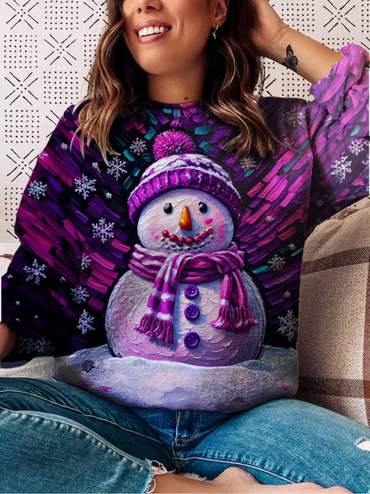 Oil Painting Purple Snowman Long Sleeve Top